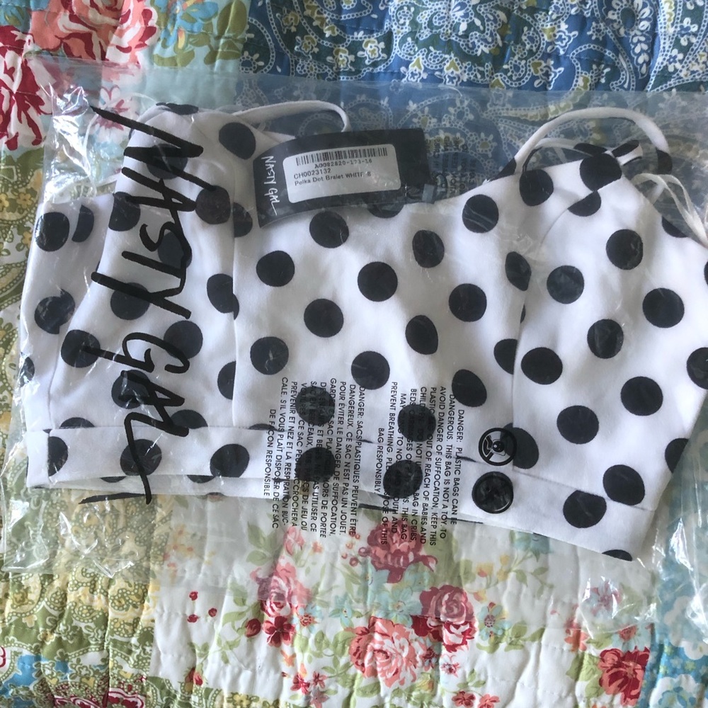 White with black polka dot crop top. Brand new.